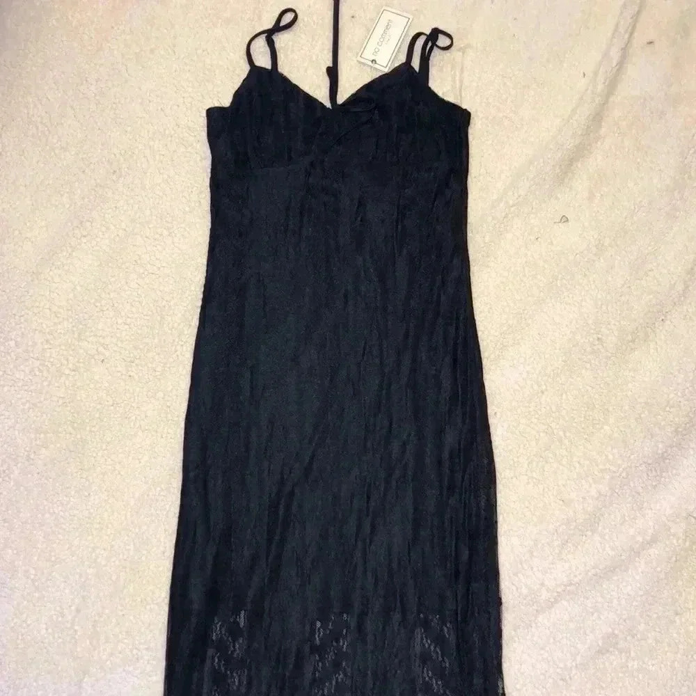 No Comment Black Long Lace Slip Dress Size Medium NWT